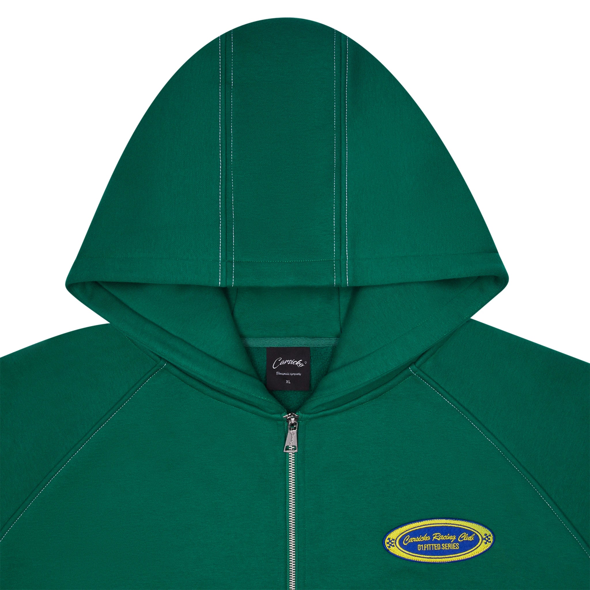 Hood view of Carsicko Racing Club Green Hoodie